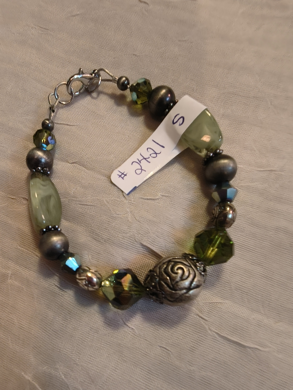 Green Beaded Bracelet with Silver Accents